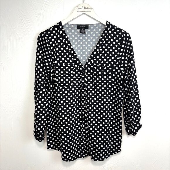 Polka Dot Blouse Verve Ami Button VNeck Lightweight Career Business Black Shirt - Picture 1 of 5